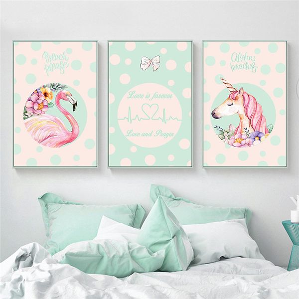 

ruoguan scandinavian home decor cartoon flamingos unicorn canvas painting nursery wall art pictures for baby girl boy room
