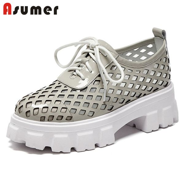 

asumer 2020 новые плоские туфли на платформе женщины натуральная кожа одиночные туфли зашнуровать выдалбливают весна лето повседневная женщи, Black