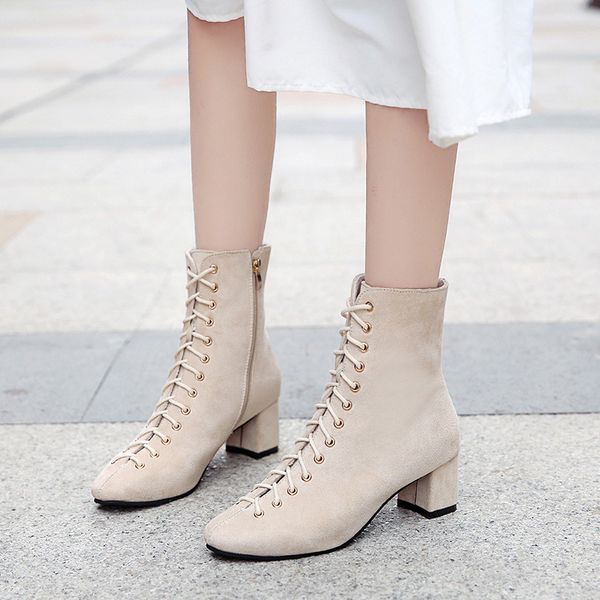 

black beige suede ankle boots women winter keep warm elegant thick high heel boots women cross tied short booties for ladies