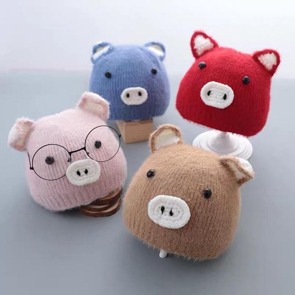 

cute pig winter baby girls boys woolen yarn knitted cap ear warmer beanie hat warm outdoor winproof clothing decor accessory, Yellow