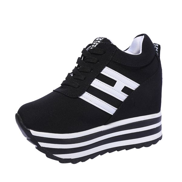 

women sneakers fashion women height increasing breathable lace-up wedges sneakers platform shoes canvas woman casual shoes nov 6, Black