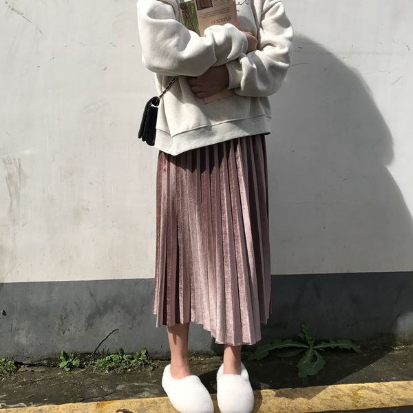 

skirts autumn winter velvet skirt women high waist pleated long korean ladies army green black beige pink