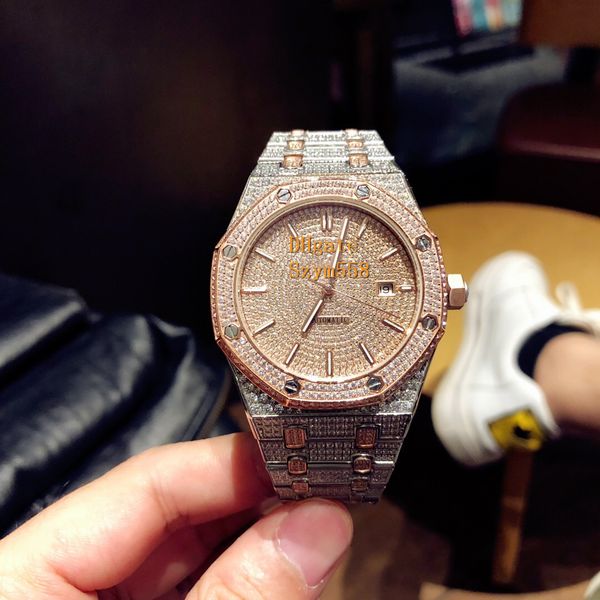 

15400 diamond watch man luxury watch iced out watch automatic hip-hop set diamond waterproof 41mm 316 stainless steel sweep mov, Slivery;brown