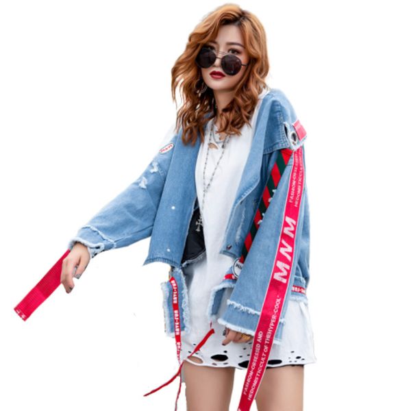 

2019 autumn split joint holes lapel cowboy jacket loose coat women beharajuku chaqueta mujer clothes riverdale bts jackets, Black;brown