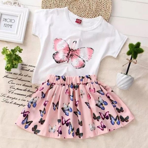 

baby girl clothes 2019 summer 2pcs set kids baby girls toddler butterfly printed t-shirt dress set outfits clothes, White