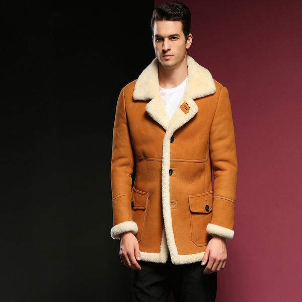 

men's b3 shearling jacket long style men's fur coat winter brown warm jacket, Black