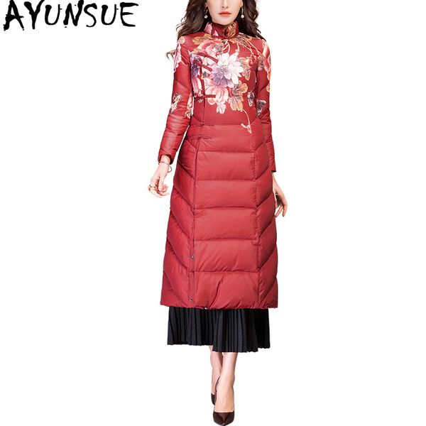 

ayunsue winter women's down jacket long white duck down coat vintage print puffer jacket doudoune femme hiver f133 kj3887, Black