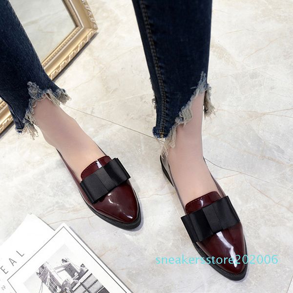 

shoemer summer flats women shoes bowtie loafers patent leather elegant low heels slip on footwear female pointed toe thick heel s06, Black