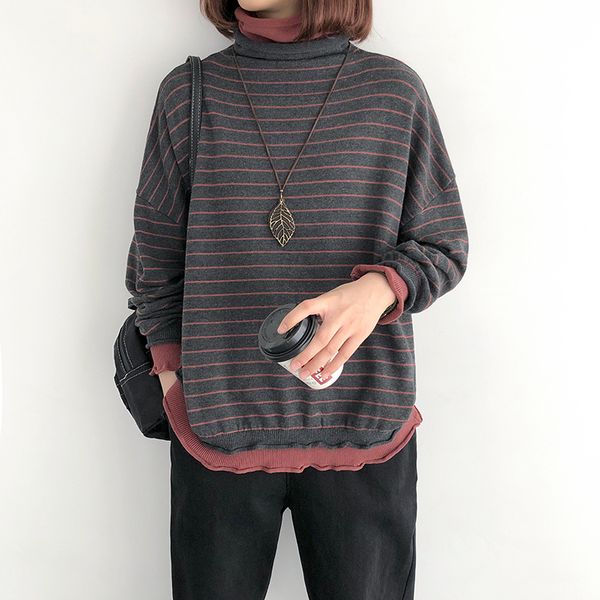 

women sweater knit striped contrast color casual 2020 spring autumn turtleneck pullovers loose female fashion blouse, White;black