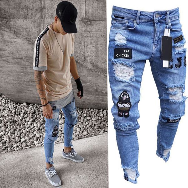 

men's jeans mens skinny jeans casual biker denim hiphop ripped pants washed patched damaged jean slim fit streetwear, Blue