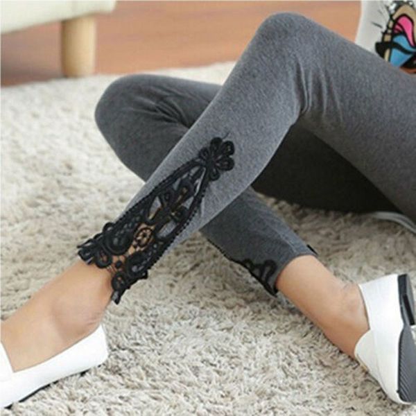 

women legging skinny lace cotton sheath stretch pants lacework soft solid color ankle-length leggings, Black