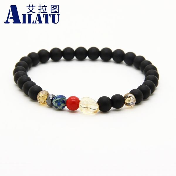

ailatu wholesale 10pcs/lot 6mm stone beads with blue sea imperial sediment stone lucky bracelets, Golden;silver