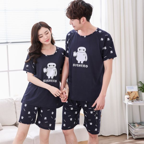 

spring summer long sleeved sleepwear suit men and women casual homewear lovers pajamas korean cartoon print couple pajamas set, Blue;gray