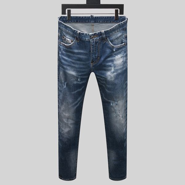 

2020 new men's denim jeans blue black ripped denim trousers all-match ripped bike motorcycle rock revival jeans
