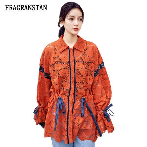 

vintage fashion flare sleeve lacing adjustable waist lace blouse spring autumn women new casual loose hollow out jq346, White