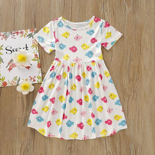 

2019 лето новый стиль childrenswear девочек с коротким рукавом рубашки мультфильм птица printed платье принцессы ins горячий продавать, Red;yellow