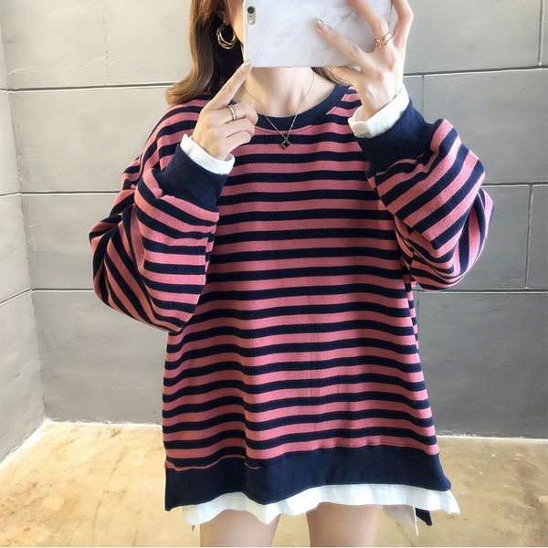 

women fashion sweatshirt 40% cotton striped hooded casual spring autumn winter hoodies twofyer shirts plus size, Black