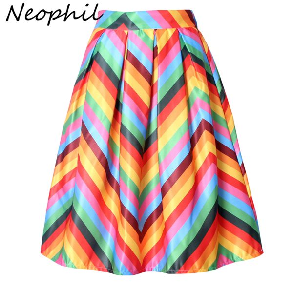 

neophil rainbow striped fringe printed 2019 winter high waist jupe femme pleated ruffle flare satin a-line womens skirts s07048, Black;gray