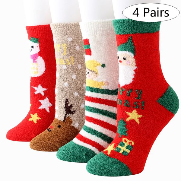 

4/8 pairs size christmas coral fleece sock cartoon socks gift indoor for woman man kids cotton thickened christmas decor
