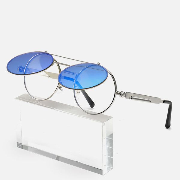 

2020 classic vintage round gothic steampunk sunglasses men women fashion brand designer metal mirror flip lens sun glasses uv400