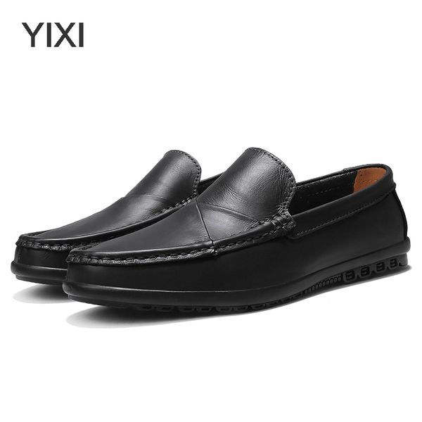 

men casual shoes handmade fashion sneakers genuine leather mens loafers moccasins breathable slip on boat shoes footwear, Black