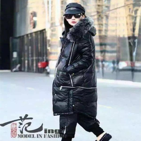 

new arrive european winter thickening outerwear zippers female loose leather down coat women's long sheepskin down coat, Black
