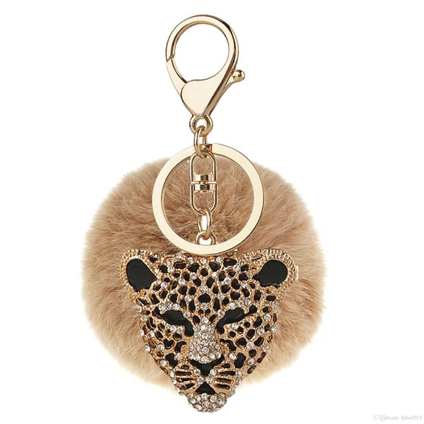 Schlüsselanhänger Ring Kaninchenfell Pom Poms Ball Schlüsselanhänger Luxus Strass Löwe Charms Gold Metall Schlüsselhalter für Handtasche Tasche Auto Schlüsselanhänger