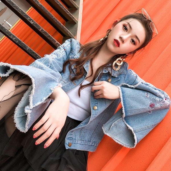 

sexemara fashion the new embroidery split bell sleeve slim fit wild denim jacket ing, Black;brown