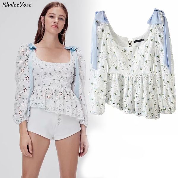 

women's blouses & shirts khalee yose causal chic white blouse hollow out embroidery women bow tie eyelet long sleeve summer street