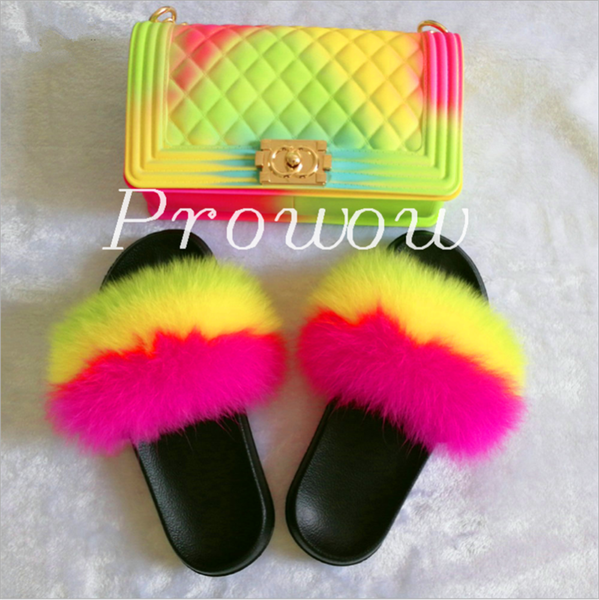 

womens home slippers fluffy fur shoes furry sandals fur shoes and bags colorful jelly wallet flip flops set travel, Black