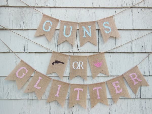 Guns or Glitter Gender Reveal Sackleinen-Banner, Geburtstag, Babyparty, Kinderzimmer, Schild, Party, Wimpelketten, Girlanden, Foto-Requisite