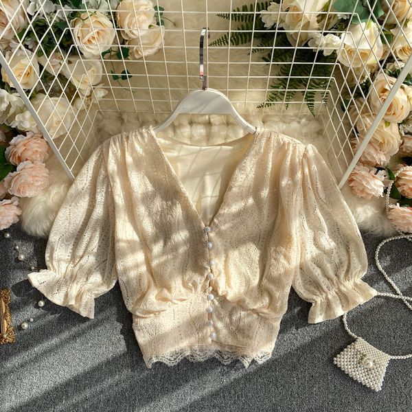 

2020 лето способа корея женщин вскользь винтажная тонкий solid color v-образным вырезом слоеного рукав плюс размер кружева блузка и top h743, White