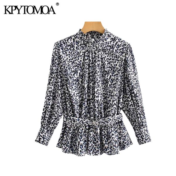 

vintage leopard print with belt blouses women 2020 fashion long sleeve animal pattern office wear female shirts chic, White