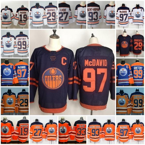 

50th Anniversary Edmonton Oilers 29 Leon Draisaitl 97 McDavid 99 Wayne Gretzky 27 Milan Lucic 93 Ryan Nugent-Hopkins 19Patrick Maroon Jersey