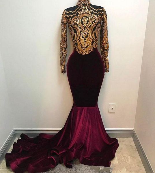 

african velvet prom dresses with gold appliques high neck long sleeves mermaid evening gowns arabic vintage party dress dubai vestidos, Black;red