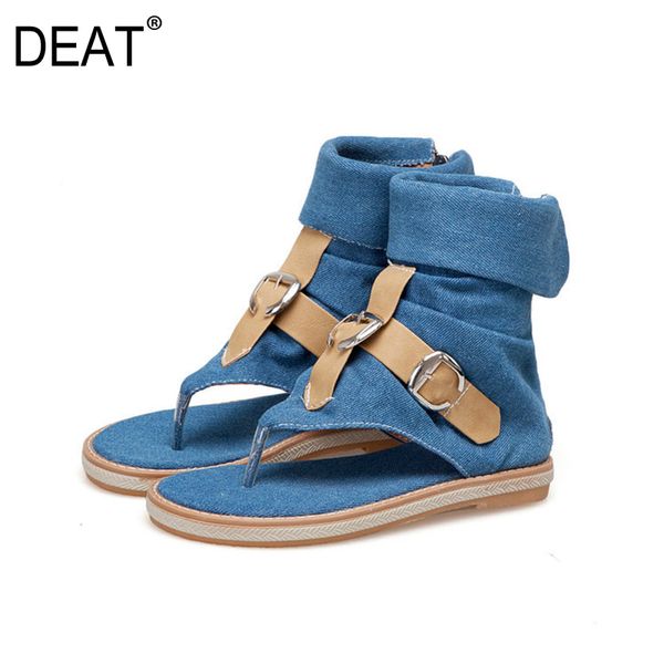 

deat] 2020 round split toes belt buckle denim single shoes women casual flat cool boots new spring summer fashion tide 10h163, Black