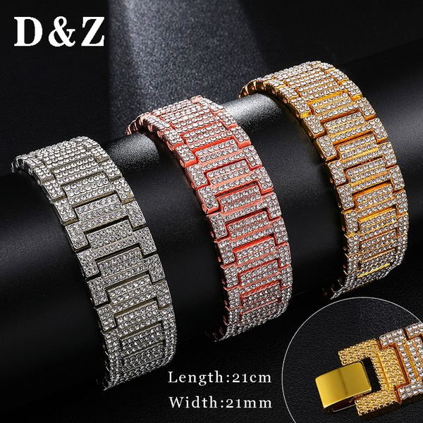 

d&z 21mm hip hop iced out bling rhinestone watch band chain bracelet men alloy wristband pulsera hombre, Black