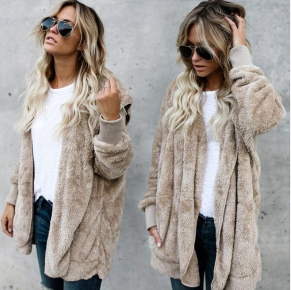 

alisister cardigans faux fur women coats hooded femme oversize loose jackets women jumper casual warm cozy winter clothing, Black