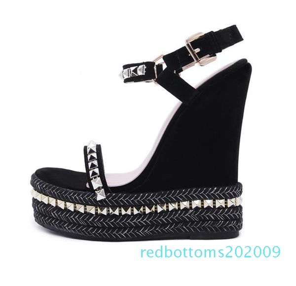 

15cm black rivets knitted plaited women platform wedges sandals designer high heel size 35 to 40 09r