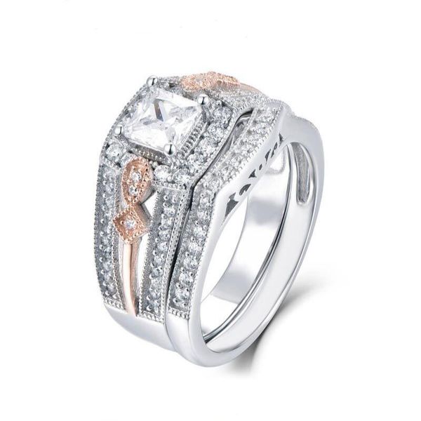 

square zirconia women wedding ring set 2 pcs rose gold double color engagament rhinestone gifts for ladies, Slivery;golden