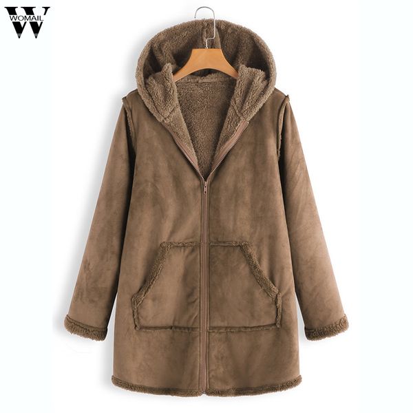 

womail 2019 new arrivals winter warm coat women's parkas hooded with big pocket plush long sleeve warm coat fashion solid parkas, Black