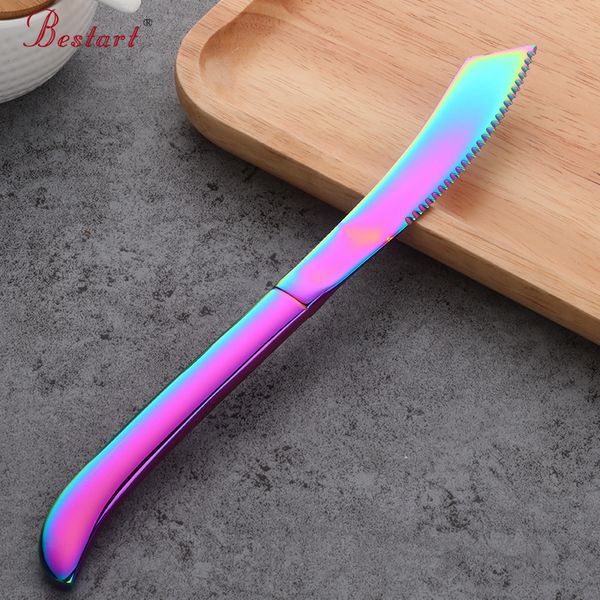 

rainbow colorful polished stainless steel steak knife sharp set kitchen dinnerware restaurant cutlery western food knife 3pcs