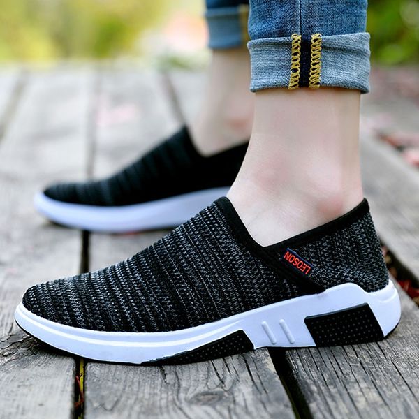 

muqgew breathable men's casual shoes mesh plus size old beijing cloth shoes lazy summer male casual boat footwear, Black