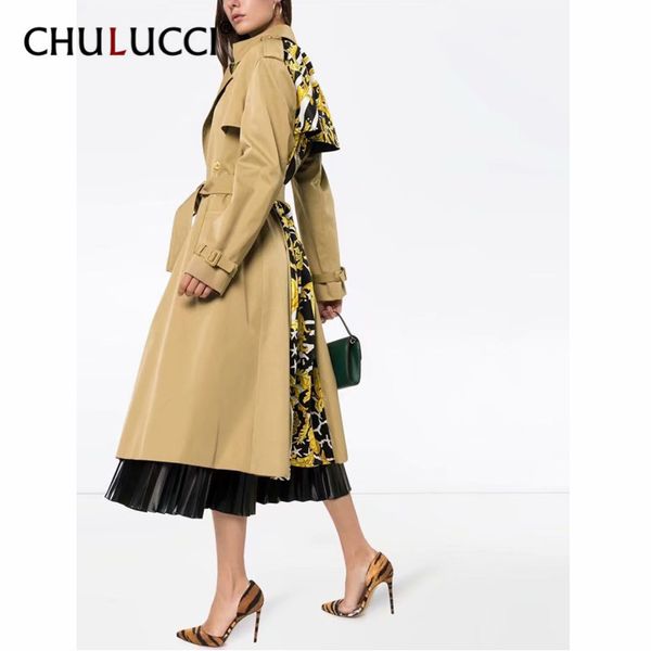 

8.25 ladies fashion trench 2019 early autumn print with belt double breasted apricot color long coat, Tan;black