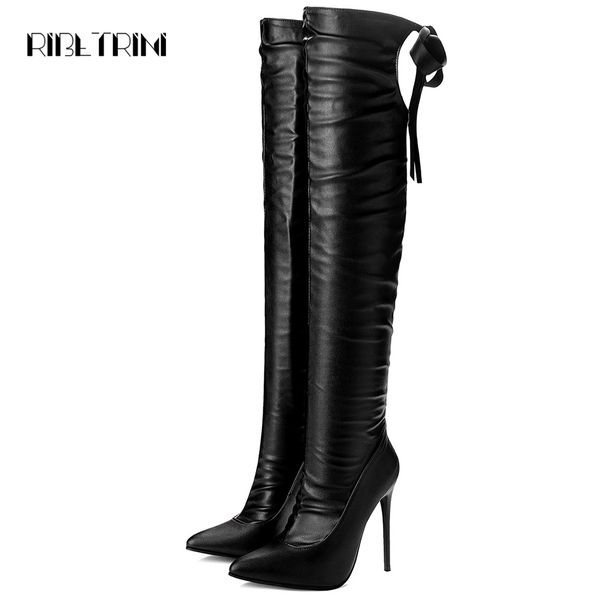 

ribetrini streth over the knee boots women quality pu flock long boots ladies thin high heels shoes women plus size 34-48, Black