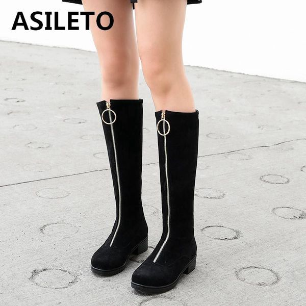 

asileto brand women's knee boots zipper faux suede leather shoes female mid heels round toe booties bottes femme bottines s729, Black