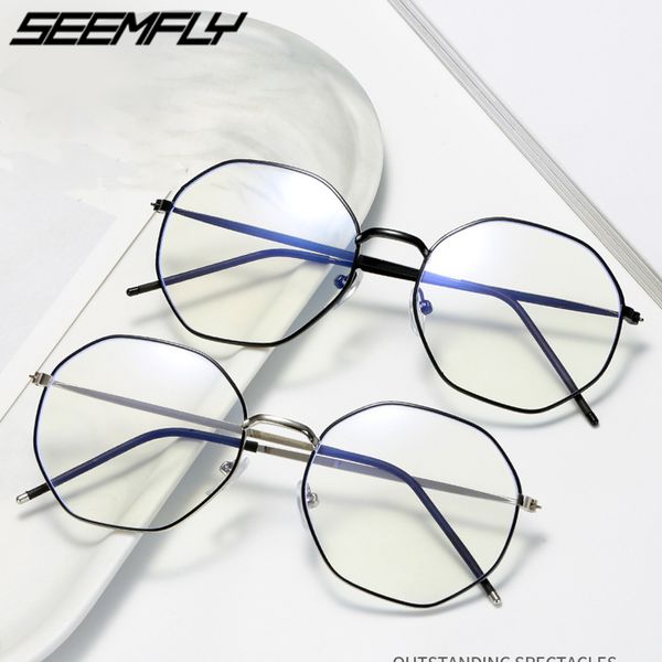 

seemfly anti blue light glasses frames men women metal polygon computer goggles eyeglasses plain mirror myopia spectacle frames, Black