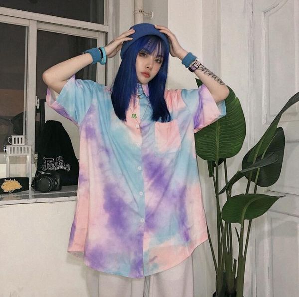 

harajuku street vintage hip-hop tie dye loose casual shirt women, White