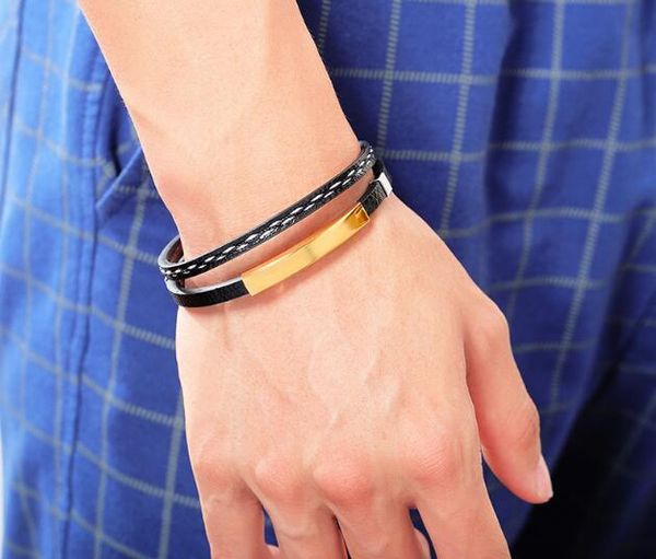 

2019 new arrival 3pcs/lot popular punk stainless steel bracelet glossy leather bracelet multilayer woven bracelet accessory 2 color, Golden;silver