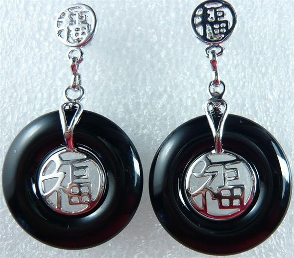 

dyy+++ 2 choices wholesale black stone chinese character fu lucky earring#002, Silver